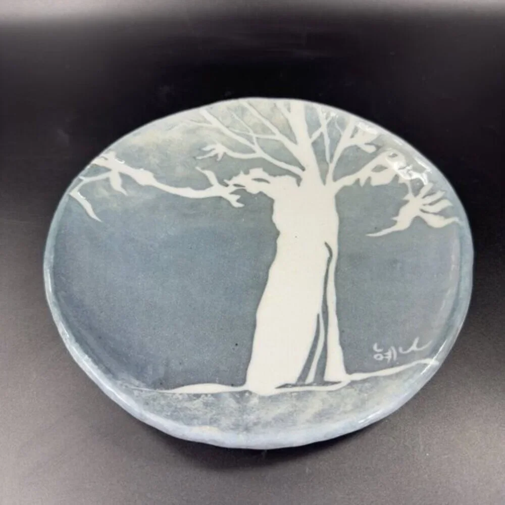 Vintage Oriental Hand Made Studio Pottery Dish Plate Tree Scene Artist‎ Signed